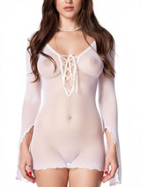 Women's White Sheer Fishnet Long Sleeve Mini Dress – view 3