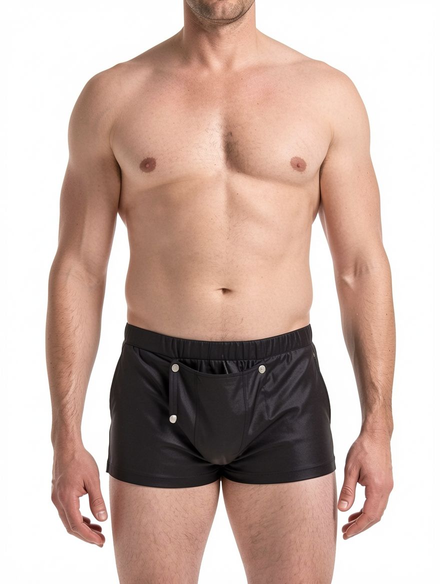 Men's Faux Leather Snap Button Open-Side Boxer Shorts – view 4