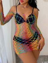 Women's Rainbow Multicolor Large-Mesh Fishnet Off-Shoulder Mini Dress – view 2