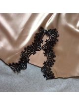 Women's Khaki Faux Silk V-Neck Slip Dress with Black Lace Trim – view 4