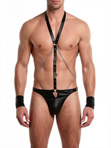 Men's Black Leather Strap Body Harness with Chain & Wrist Cuffs – view 3
