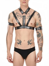 Men's Black Metallic Striped Elastic Chest Harness with Arm Bands – view 3