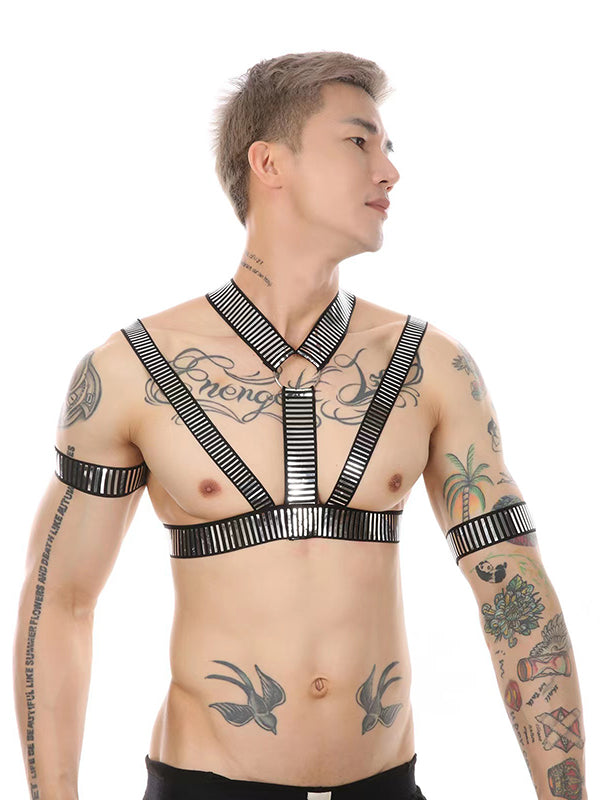 Men's Black Metallic Striped Elastic Chest Harness with Arm Bands – view 2