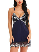 Women's Navy Floral Embroidered Lace-Trim Slip Babydoll with Criss-Cross Back – view 3