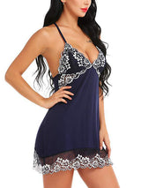 Women's Navy Floral Embroidered Lace-Trim Slip Babydoll with Criss-Cross Back – view 2