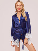 Women's Navy Blue Satin Lace-Trim Robe – view 3