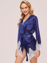Women's Navy Blue Satin Lace-Trim Robe – view 4