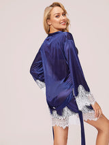 Women's Navy Blue Satin Lace-Trim Robe – view 1