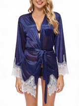 Women's Navy Blue Satin Lace-Trim Robe – view 6