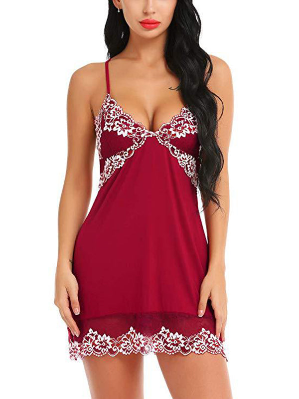 Women's Red Floral Embroidered Lace-Trim Slip Babydoll with Criss-Cross Back – view 2