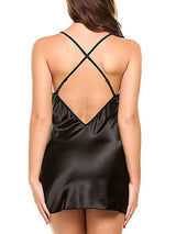 Women's Satin Lace-Top Open-Back Babydoll Slip Dress in Black – back view