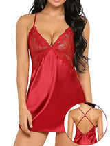 Women's Satin Lace-Top Open-Back Babydoll Slip Dress in Red – front view