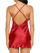 Women's Satin Lace-Top Open-Back Babydoll Slip Dress in Red – back view