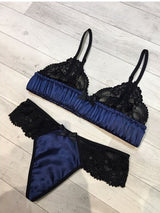 Women's Satin and Lace Ruffle Trim Bra and Panty Lingerie Set – Navy
