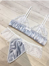 Women's Satin and Lace Ruffle Trim Bra and Panty Lingerie Set – Silver