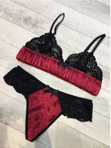 Women's Satin and Lace Ruffle Trim Bra and Panty Lingerie Set – Red