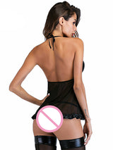 Women's Sexy Black Wet Look Halter Babydoll Lingerie Set – back view