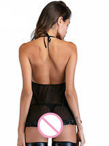 Women's Sexy Black Wet Look Halter Babydoll Lingerie Set – back view 2