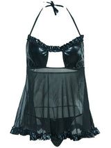 Women's Sexy Black Wet Look Halter Babydoll Lingerie Set – front flat lay