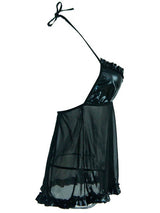 Women's Sexy Black Wet Look Halter Babydoll Lingerie Set – side flat lay