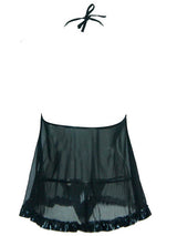 Women's Sexy Black Wet Look Halter Babydoll Lingerie Set – back flat lay