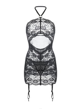 Women's Sexy Black Mesh & Lace Galloon Halter Chemise Lingerie – front flat lay