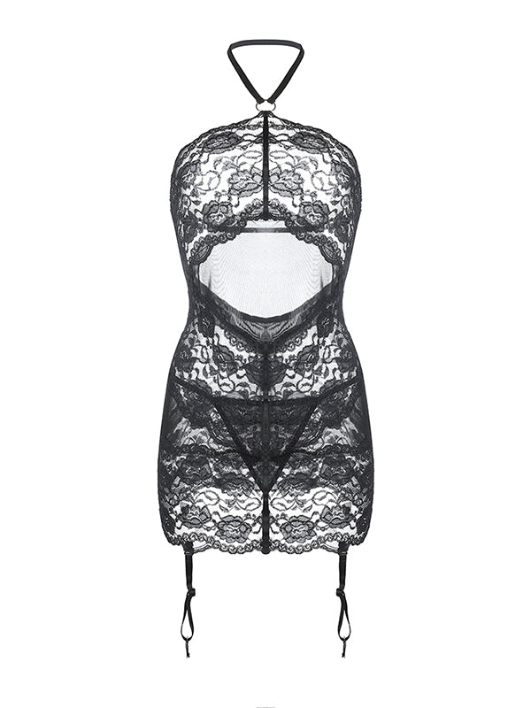 Women's Sexy Black Mesh & Lace Galloon Halter Chemise Lingerie