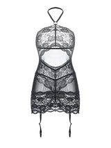 Women's Sexy Black Mesh & Lace Galloon Halter Chemise Lingerie – back flat lay