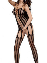 Women's Sexy Mixed Fishnet Spaghetti Strap Open-Crotch Garter Bodystocking – view 2