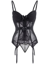 Women's Sexy Black Floral Lace Mesh Bustier Lingerie Set with Garters – view 2