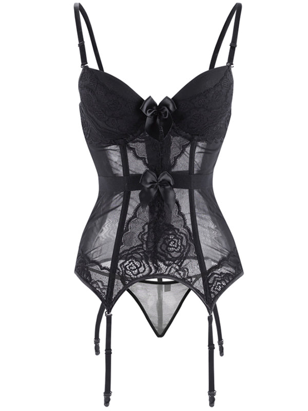 Women's Sexy Black Floral Lace Mesh Bustier Lingerie Set with Garters – view 2