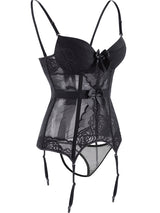Women's Sexy Black Floral Lace Mesh Bustier Lingerie Set with Garters – view 3