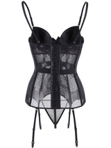Women's Sexy Black Floral Lace Mesh Bustier Lingerie Set with Garters – view 1