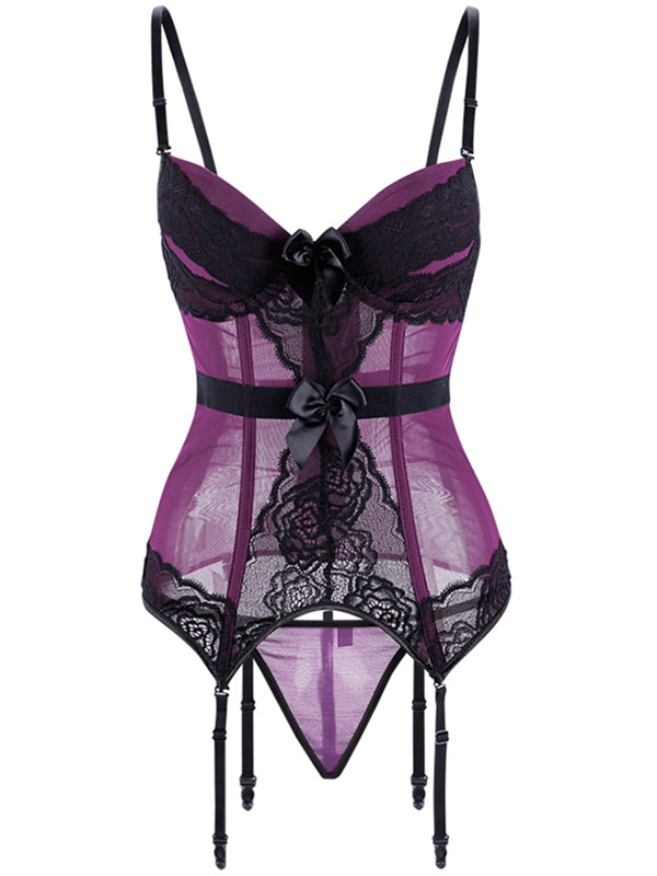 Women's Sexy Purple Black Lace Strap Bustier Lingerie Set with Garters – view 2