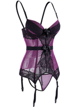 Women's Sexy Purple Black Lace Strap Bustier Lingerie Set with Garters – view 3