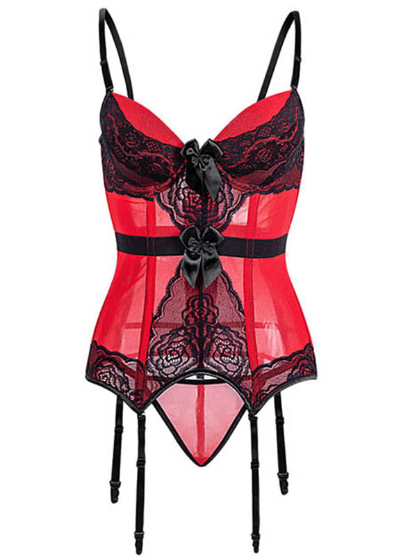 Women's Sexy Red Black Lace Strap Bustier Lingerie Set with Garters – view 2
