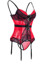Women's Sexy Red Black Lace Strap Bustier Lingerie Set with Garters – view 3