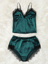 Women's Teal Satin Lace-Trim Cami and Shorts Lingerie Set – view 1