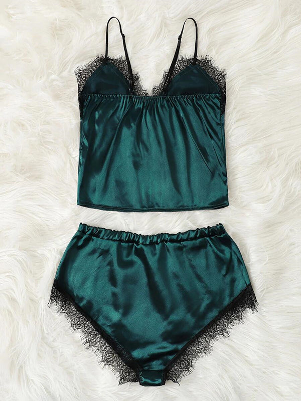 Women's Teal Satin Lace-Trim Cami and Shorts Lingerie Set – view 2