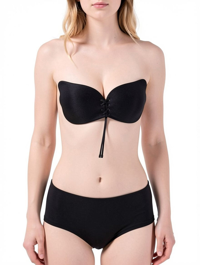 Women's Black Lace-Up Strapless Backless Push-Up Invisible Bra – view 1