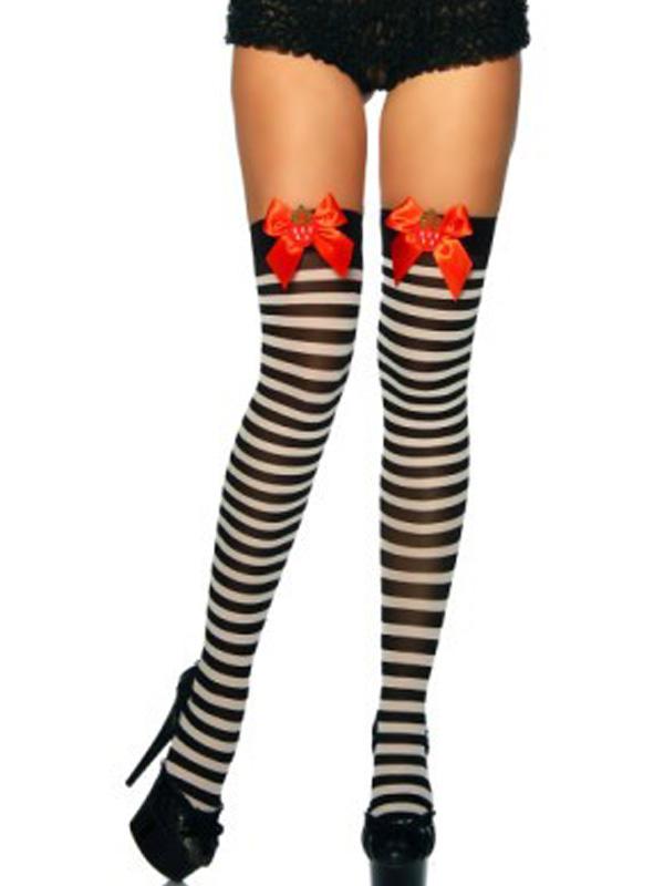 Women's Black & White Striped Thigh-Highs with Red Bows – view 1