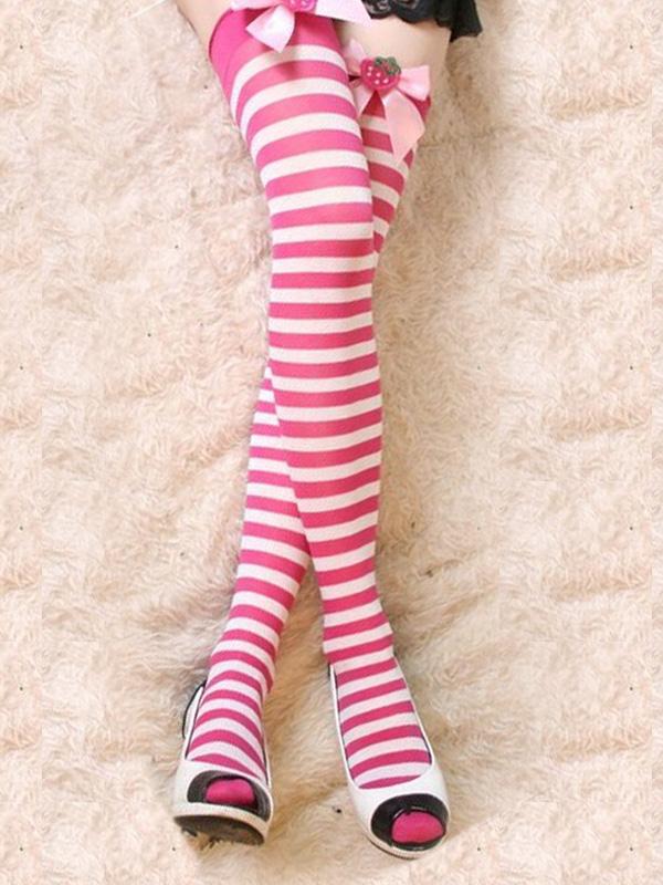 Women's Pink & White Striped Thigh-Highs with Bow – view 1