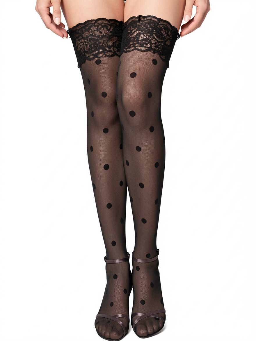 Women's Black Polka Dot Lace-Top Thigh-High Stockings – view 1