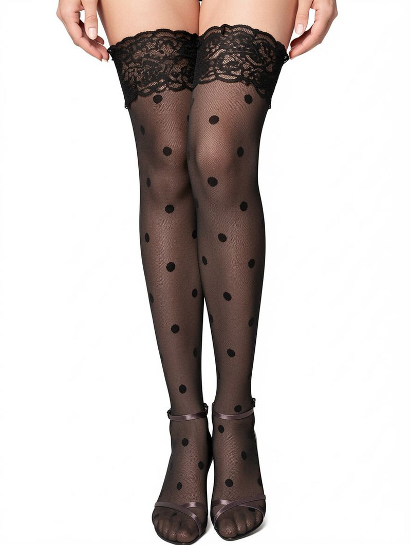 Women's Black Polka Dot Lace-Top Thigh-High Stockings – view 1
