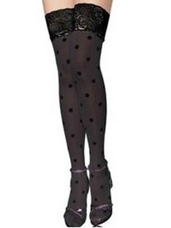 Women's Black Polka Dot Lace-Top Thigh-High Stockings – view 2