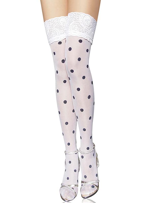 Women's White Polka Dot Lace-Top Thigh-High Stockings – view 1