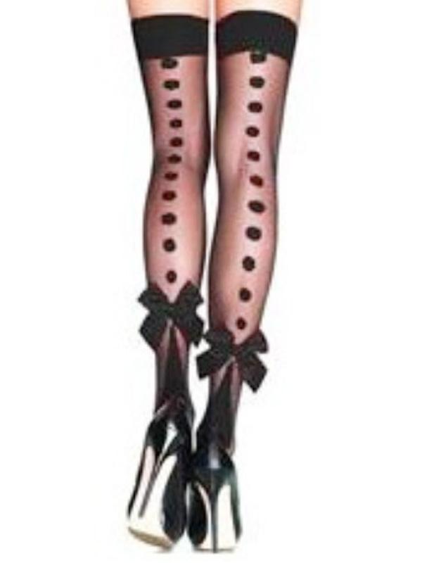 Women's Black Sheer Polka Dot Back-Seam Thigh-Highs with Bows – view 1