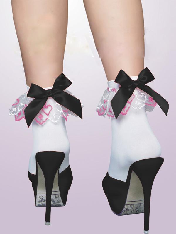 Women's White Ruffle Lace Anklet Socks with Black Bow – view 1