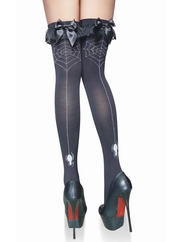 Women's Black Spider Web Lace-Top Thigh-Highs with Bows