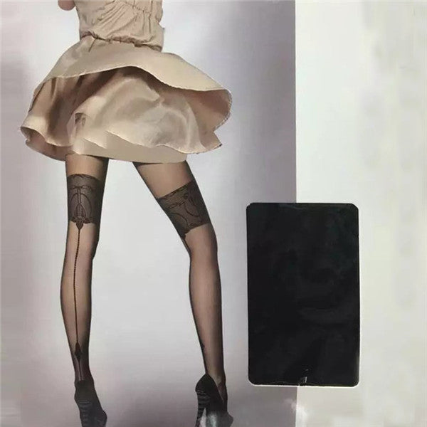 Women's Black Back-Seam Cuban Heel Sheer Thigh-High Stockings – view 1